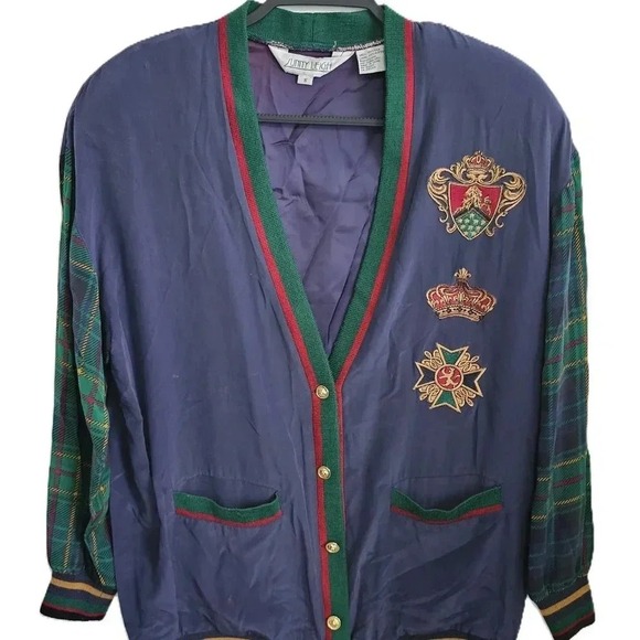 Vintage 90s Sunny Leigh Silk Button Up Multicolor Jacket Tartan Sleeves Small - Picture 3 of 7